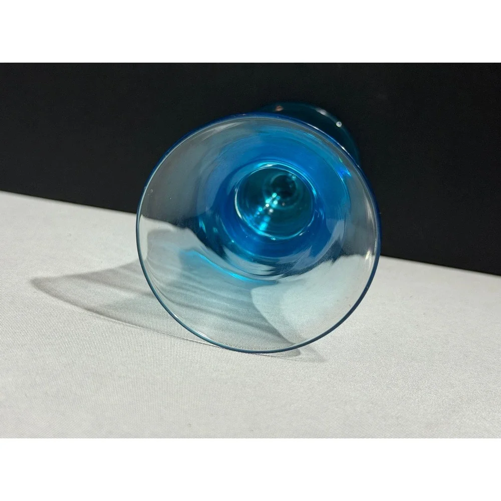 Vintage Blue Hand Blown Art Glass Bud Vase Hourglass Pedestal Base MCM